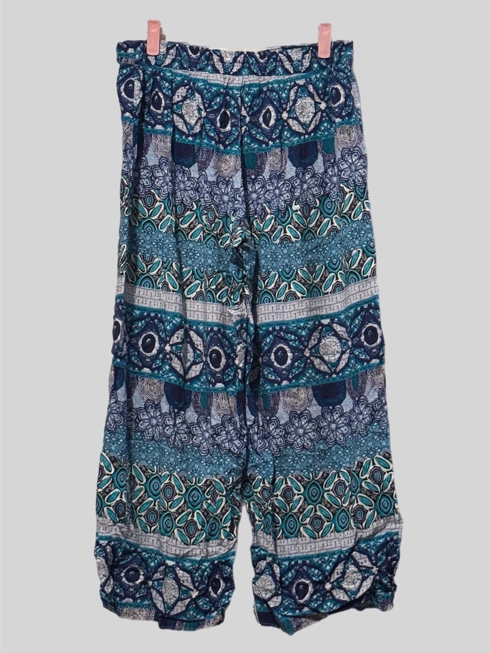 Rossell Kim NY (W) Boho Geometric Palazzo Pants 1X Teal Blue Wide Leg Resort EUC